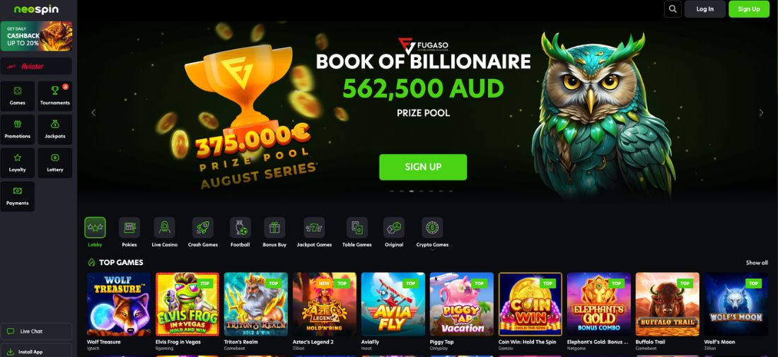 NeoSpin homepage screenshot