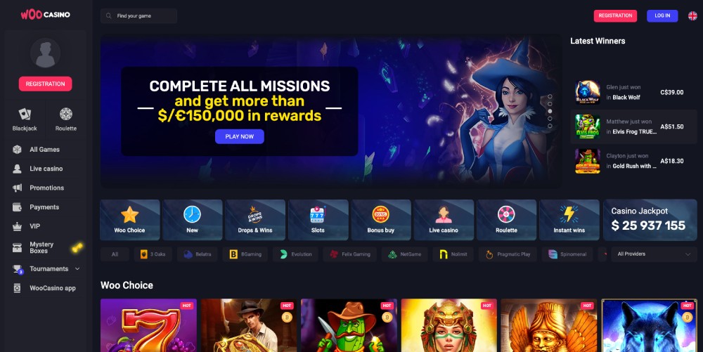 Woo Casino homepage screenshot